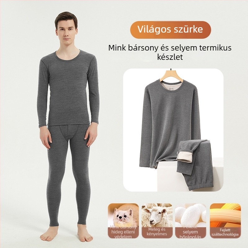Férfi termál készlet fleeces bélésével, varrat nélküli, kerek nyakú, hosszú ujjú felső és nadrág, közepes vastagság 161–180 g/m²