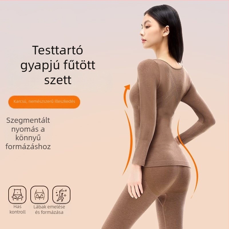 Termikus alakformáló alsóruha szett: alapréteg önmelegítő funkcióval, testformálás, fenékemelés és hasfeszítés; 30–50% gyapjú; kerek nyakú, hosszú ujjú, varrat nélküli.