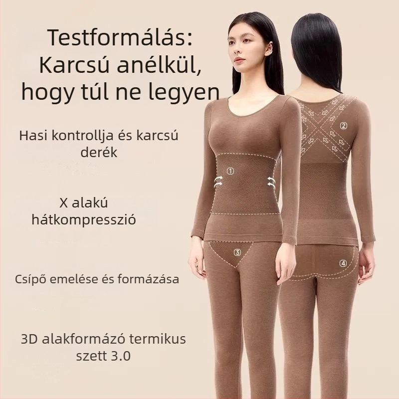 Termikus alakformáló alsóruha szett: alapréteg önmelegítő funkcióval, testformálás, fenékemelés és hasfeszítés; 30–50% gyapjú; kerek nyakú, hosszú ujjú, varrat nélküli.