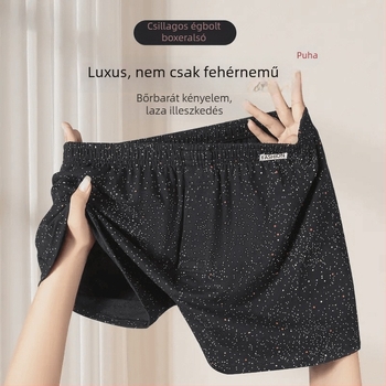 Férfi pamut boxer rövidnadrág kozmikus csillagos mintával, középső derekú, kényelmes otthoni viselet