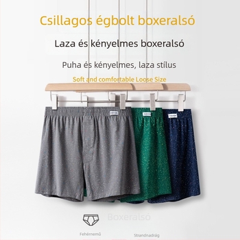 Férfi pamut boxer rövidnadrág kozmikus csillagos mintával, középső derekú, kényelmes otthoni viselet