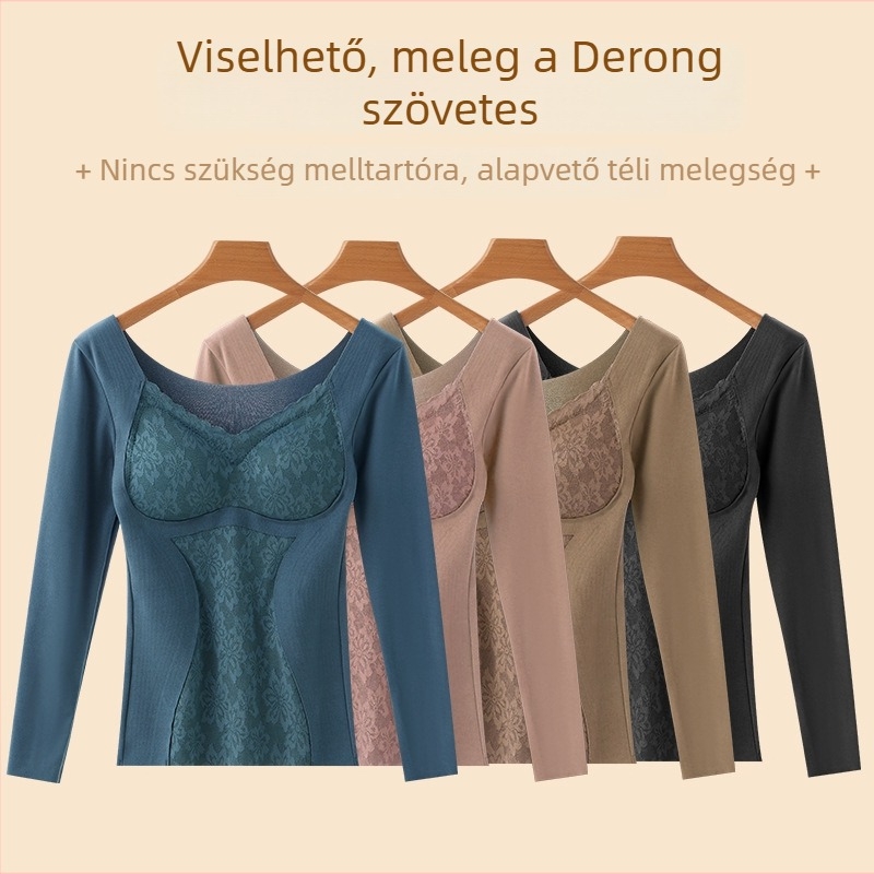 Női dupla rétegű termo felső mellkasbetéttel, V-nyakú, hosszú ujjú, alapréteg, önmelegítő