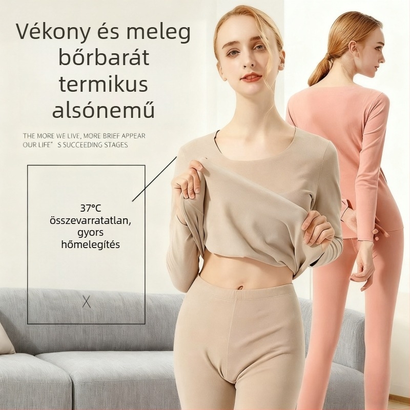 Sima varrás nélküli meleg alsóruha készlet nőknek, dupla oldalról bolyhozott anyag, vékony felső és nadrág, karcsú alapréteg