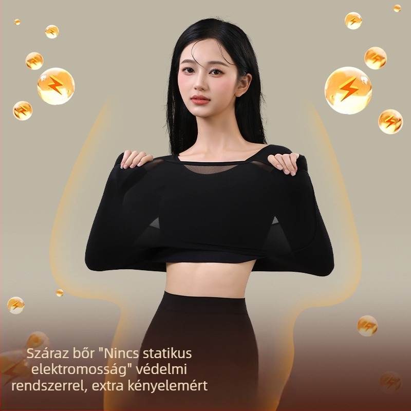 Női nylonos őszi-téli termal alsó készlet beépített melltartócsészékkel és párnákkal — hosszú ujjú, kerek nyakú alapréteg, antistatikus, lélegző, testformázó, melegen tartó (közepes súly 141–160 g/m²)