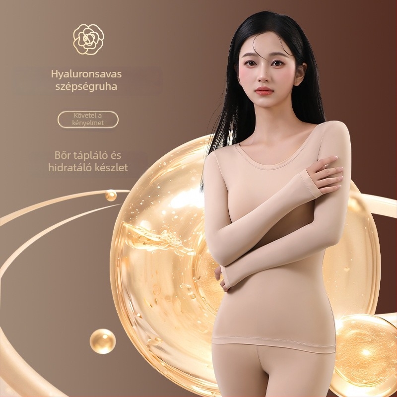 Női nylonos őszi-téli termal alsó készlet beépített melltartócsészékkel és párnákkal — hosszú ujjú, kerek nyakú alapréteg, antistatikus, lélegző, testformázó, melegen tartó (közepes súly 141–160 g/m²)