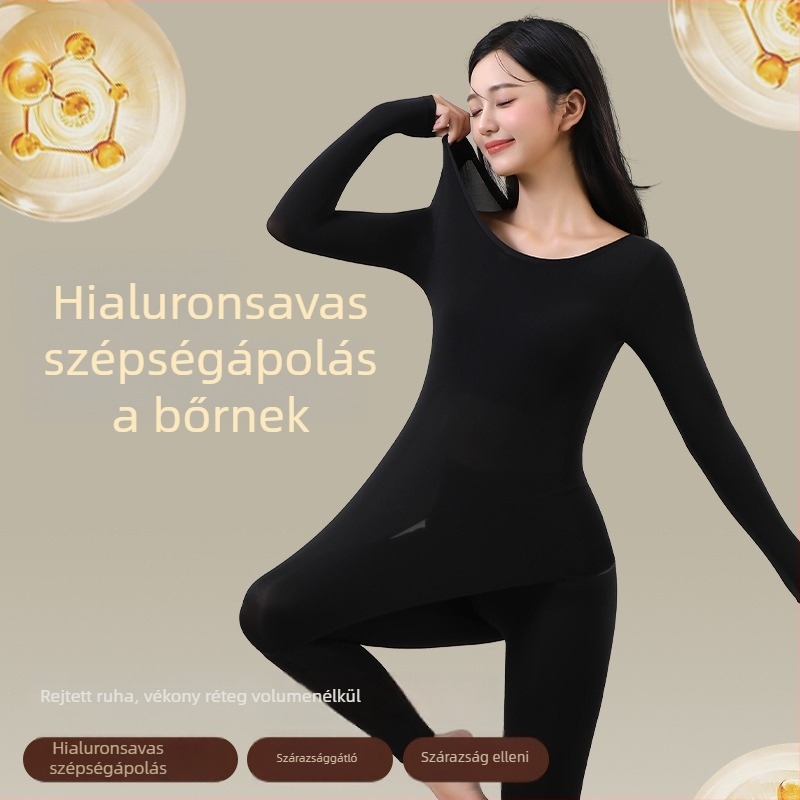 Női nylonos őszi-téli termal alsó készlet beépített melltartócsészékkel és párnákkal — hosszú ujjú, kerek nyakú alapréteg, antistatikus, lélegző, testformázó, melegen tartó (közepes súly 141–160 g/m²)