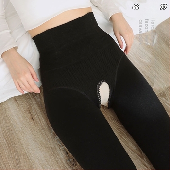 Női magas derekú termo leggings nyitott gáttal, őszi-téli vastag bélés, pamut deréksáv