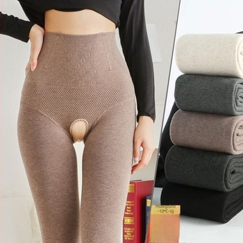 Női magas derekú termo leggings nyitott gáttal, őszi-téli vastag bélés, pamut deréksáv