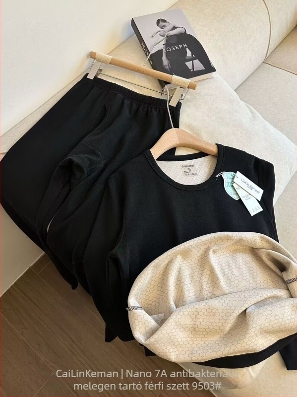 Férfi vastag fleece-béléses thermalszett – kerek nyakú, hosszú ujjú felső és nadrág, velúr bélés, dupla réteg, téli meleg