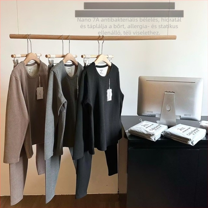 Férfi vastag fleece-béléses thermalszett – kerek nyakú, hosszú ujjú felső és nadrág, velúr bélés, dupla réteg, téli meleg