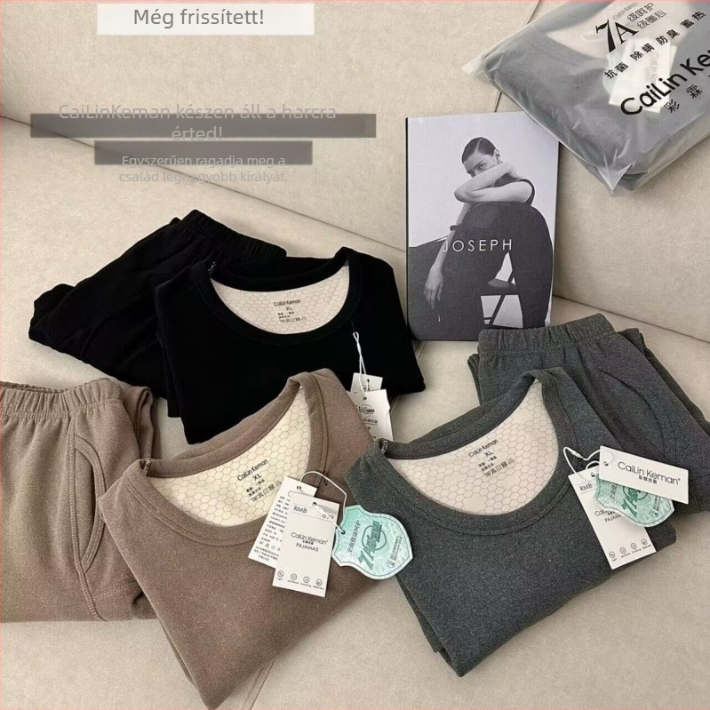 Férfi vastag fleece-béléses thermalszett – kerek nyakú, hosszú ujjú felső és nadrág, velúr bélés, dupla réteg, téli meleg