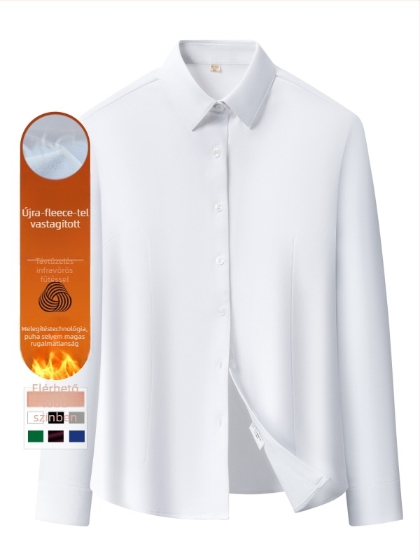 Női fehér fleece-béléssel ellátott ing, hosszú ujjú, meleg alapréteg munkahelyre, őszi–téli elegáns ing