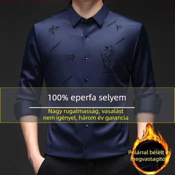 Férfi hosszú ujjú ing fleece béléses melegítésért, téli 2025, nagy rugalmasság, varrat nélküli, vasalásmentes, gyűrődés elleni.