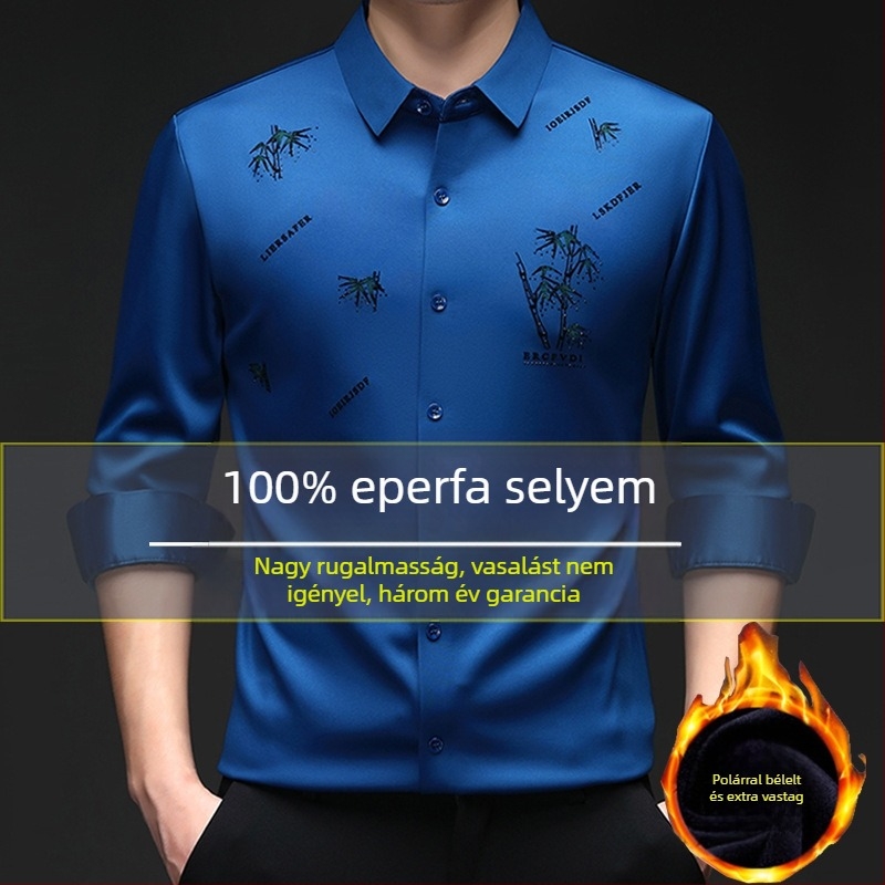Férfi hosszú ujjú ing fleece béléses melegítésért, téli 2025, nagy rugalmasság, varrat nélküli, vasalásmentes, gyűrődés elleni.