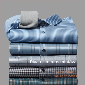 Téli férfiing fleece-béléssel, hosszú ujjú, csíkos-kockás mintával, meleg, üzleti-casual.