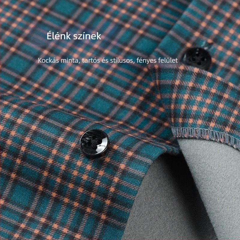 Téli férfiing fleece-béléssel, hosszú ujjú, csíkos-kockás mintával, meleg, üzleti-casual.