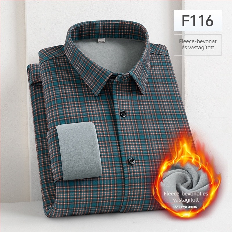 Téli férfiing fleece-béléssel, hosszú ujjú, csíkos-kockás mintával, meleg, üzleti-casual.