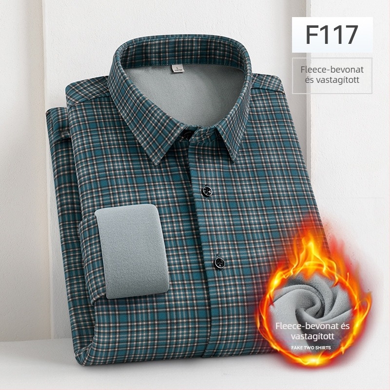 Téli férfiing fleece-béléssel, hosszú ujjú, csíkos-kockás mintával, meleg, üzleti-casual.