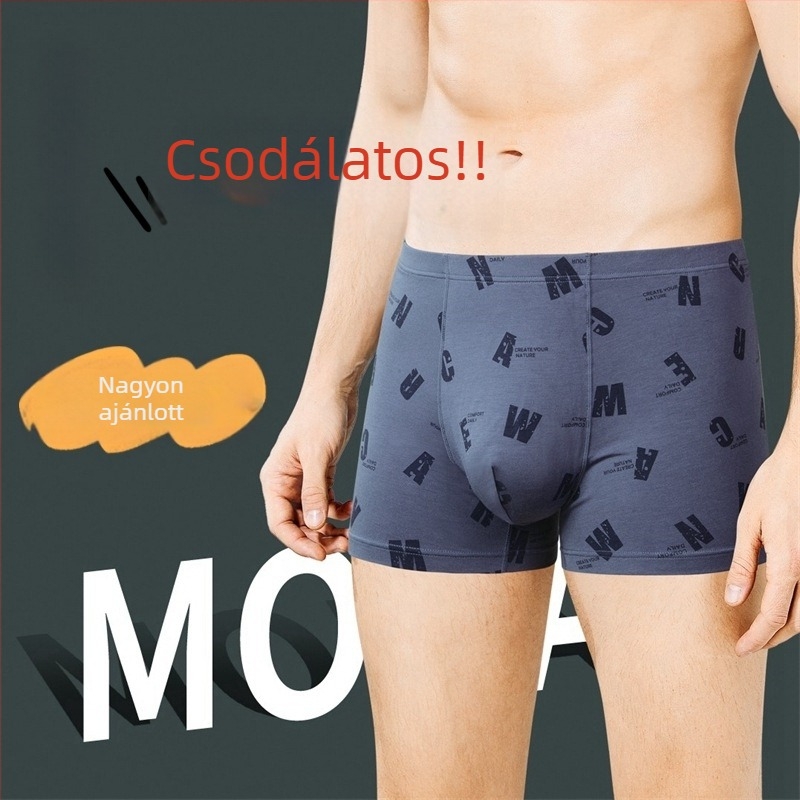 Férfi modal-pamut boxer alsó, lélegző, puha és kényelmes, középmagasságú derék, szöveges nyomtatás