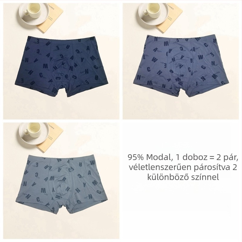 Férfi modal-pamut boxer alsó, lélegző, puha és kényelmes, középmagasságú derék, szöveges nyomtatás
