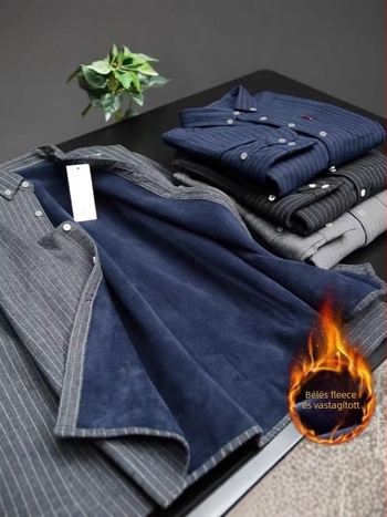 Férfi fleece-béléssel ellátott csíkos hosszúujjú ing, vastag anyagból, laza szabású