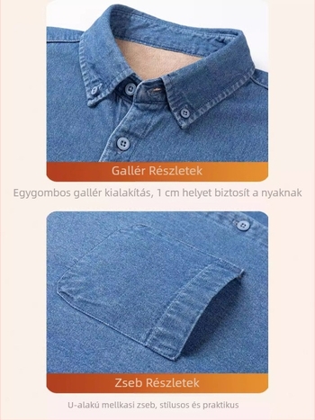 Őszi–téli bélelt denim ing, pamutból, hétköznapi viselet, vastag, hosszú ujjú, meleg