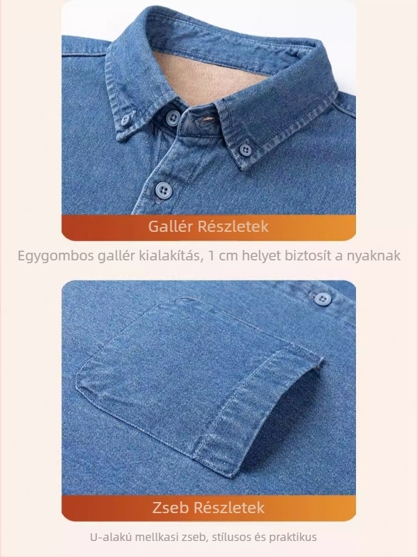 Őszi–téli bélelt denim ing, pamutból, hétköznapi viselet, vastag, hosszú ujjú, meleg