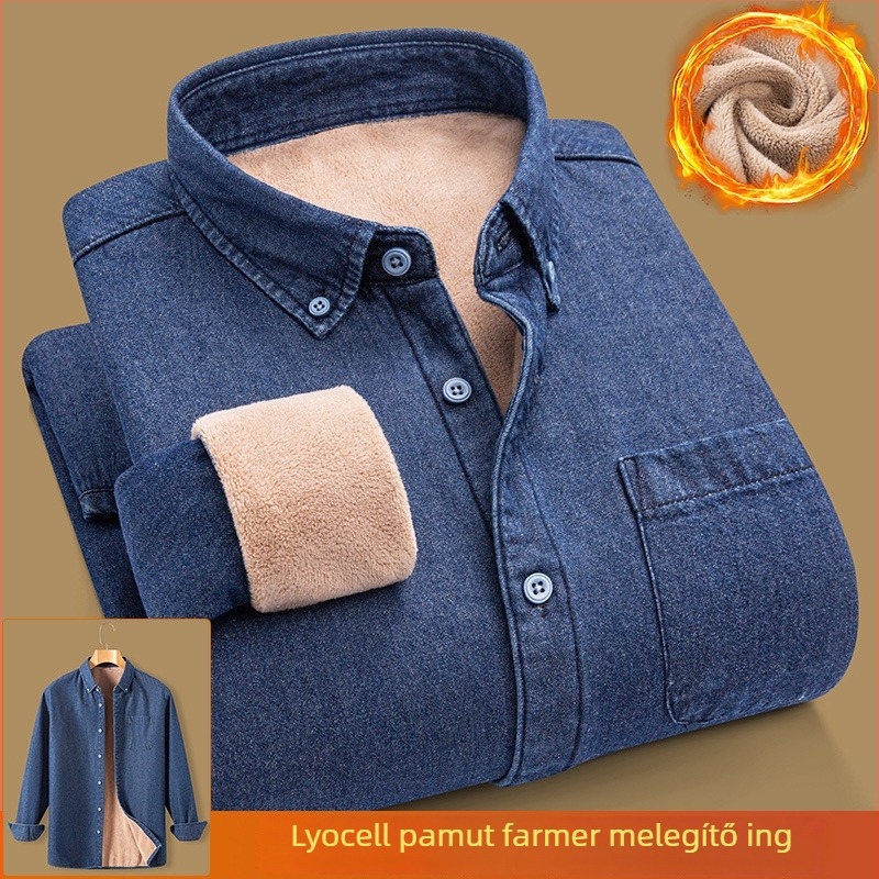 Őszi–téli bélelt denim ing, pamutból, hétköznapi viselet, vastag, hosszú ujjú, meleg