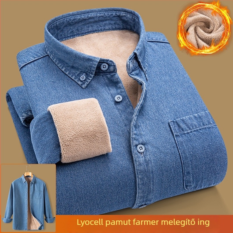 Őszi–téli bélelt denim ing, pamutból, hétköznapi viselet, vastag, hosszú ujjú, meleg