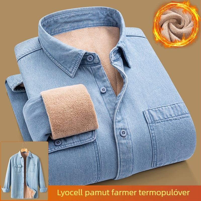 Őszi–téli bélelt denim ing, pamutból, hétköznapi viselet, vastag, hosszú ujjú, meleg