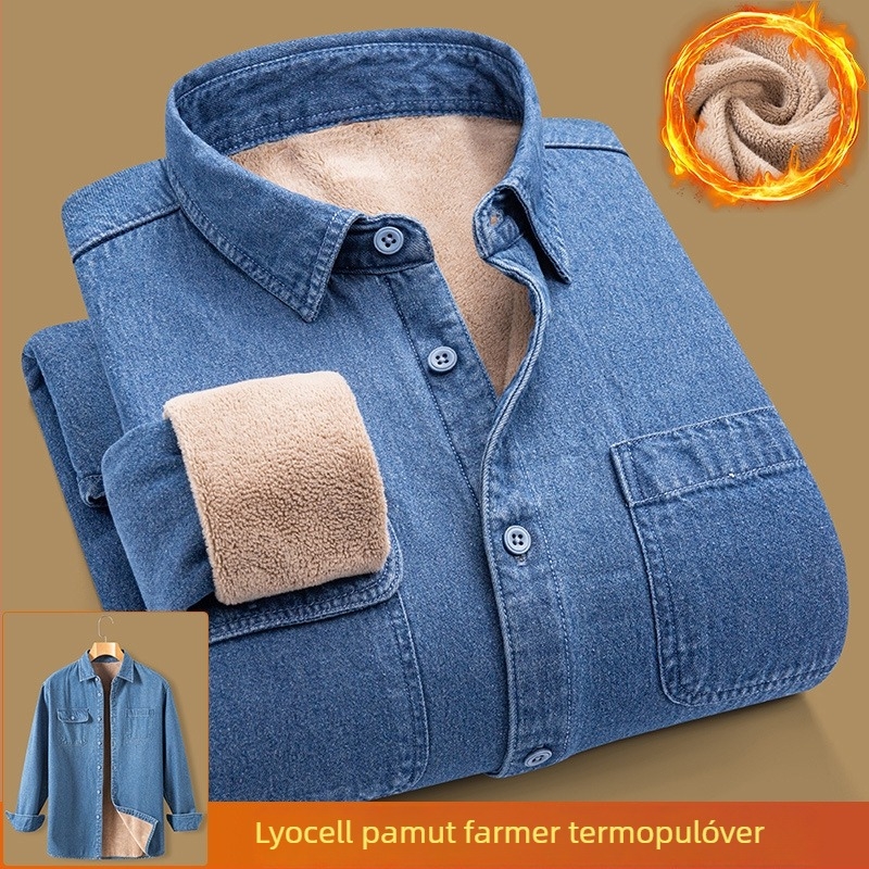 Őszi–téli bélelt denim ing, pamutból, hétköznapi viselet, vastag, hosszú ujjú, meleg