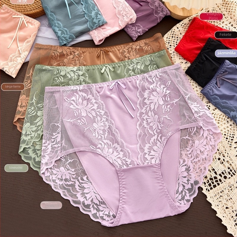 Plusz méretű női csipkés, magas derékú brief, virágos hálóval; anyag: nylon; bélés: modal; 31-40D; egyszerű szövés