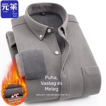 Férfi galléros ing fleece-béléssel, laza szabású, hosszú ujjú, poliészter rost