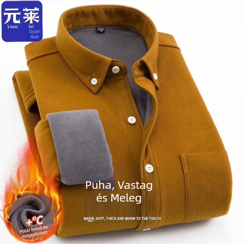 Férfi galléros ing fleece-béléssel, laza szabású, hosszú ujjú, poliészter rost