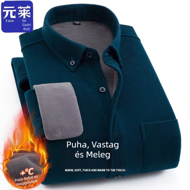 Férfi galléros ing fleece-béléssel, laza szabású, hosszú ujjú, poliészter rost