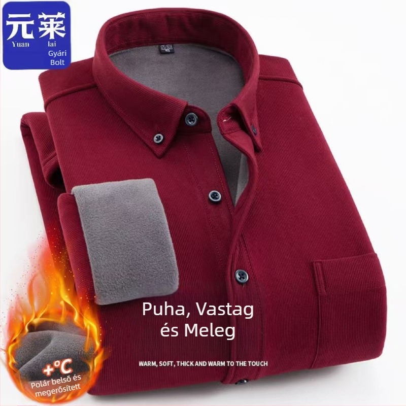 Férfi galléros ing fleece-béléssel, laza szabású, hosszú ujjú, poliészter rost