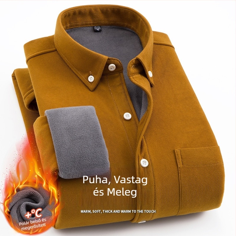 Férfi galléros ing fleece-béléssel, laza szabású, hosszú ujjú, poliészter rost