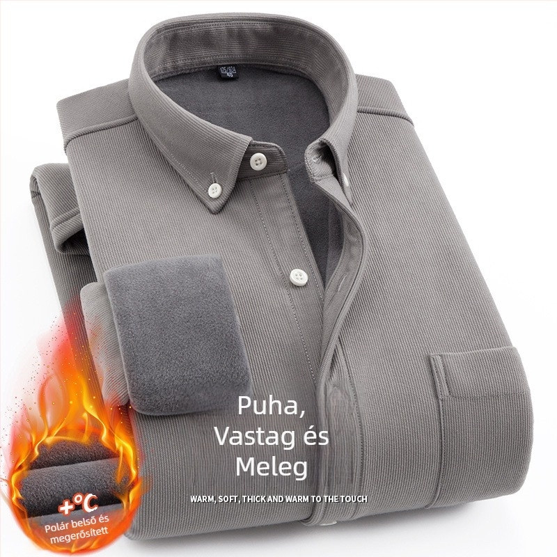 Férfi galléros ing fleece-béléssel, laza szabású, hosszú ujjú, poliészter rost