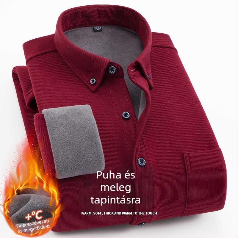 Férfi galléros ing fleece-béléssel, laza szabású, hosszú ujjú, poliészter rost