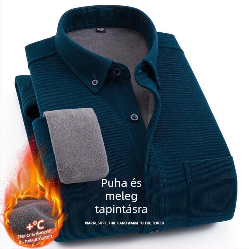 Férfi galléros ing fleece-béléssel, laza szabású, hosszú ujjú, poliészter rost