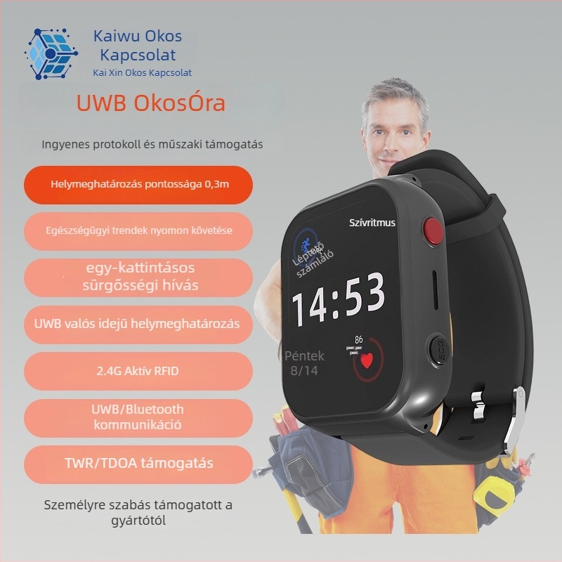 UWB okosóra egészségügyi nyomonkövetéssel, UWB helymeghatározás, Bluetooth, giroszkóp, lépésszámláló