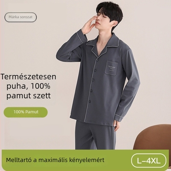Férfiaknak nyári 100% pamut pizsama szett, hosszú ujjú felső, vékony otthoni viselet