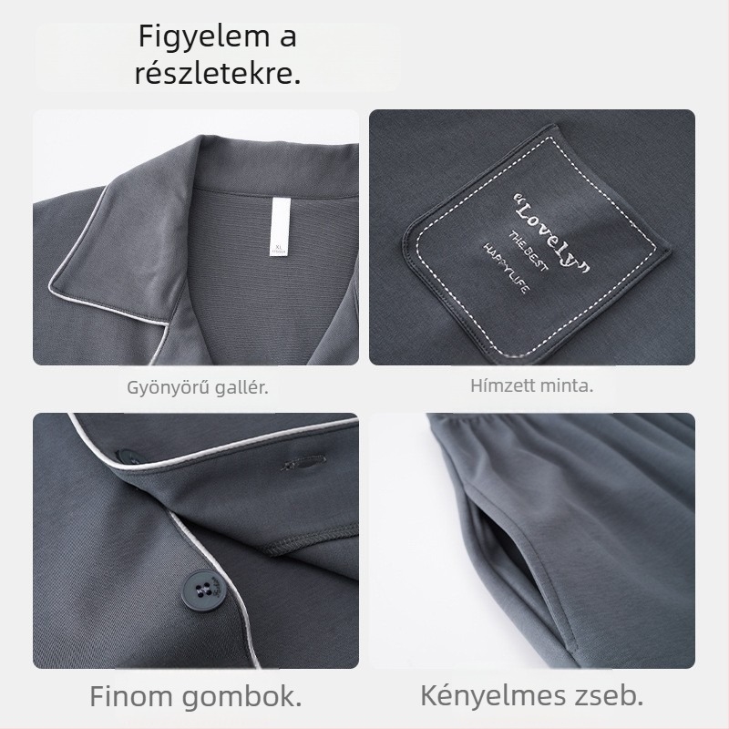 Férfiaknak nyári 100% pamut pizsama szett, hosszú ujjú felső, vékony otthoni viselet