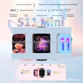 S11Mini okosóra - TFT kijelző, 150 mAh-s akkumulátor 7-14 nap üzemidő, egészségügyi szenzorok: pulzus, vérnyomás és vér oxigén-szintje, vezeték nélküli töltés, iOS-kompatibilis