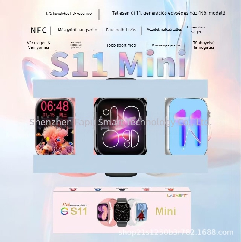 S11Mini okosóra - TFT kijelző, 150 mAh-s akkumulátor 7-14 nap üzemidő, egészségügyi szenzorok: pulzus, vérnyomás és vér oxigén-szintje, vezeték nélküli töltés, iOS-kompatibilis