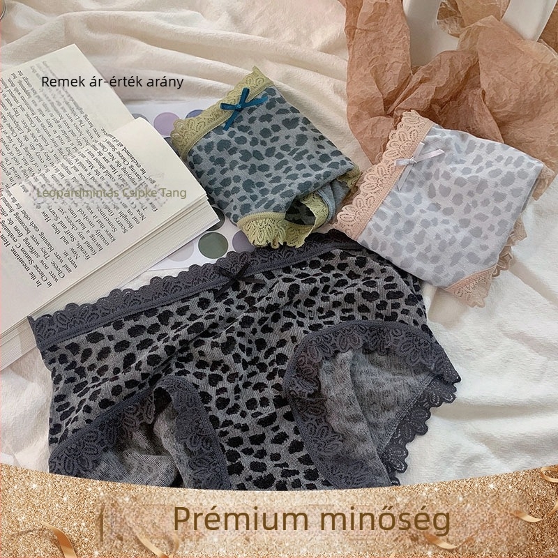 Csipkés szegélyű leopárd mintás, plusz méretű középmagas derekú női alsó, lélegző, 100% pamut
