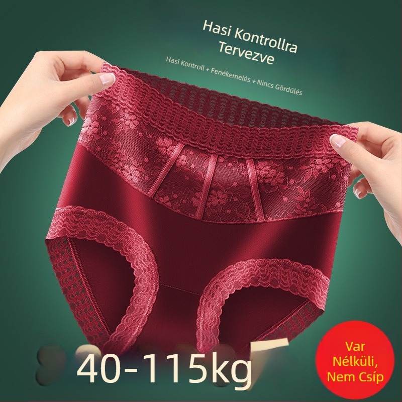 Pluszméretű csipkés magas derekú bugyi, hasi kontrollal és fenékemeléssel, légáteresztő hálóanyag