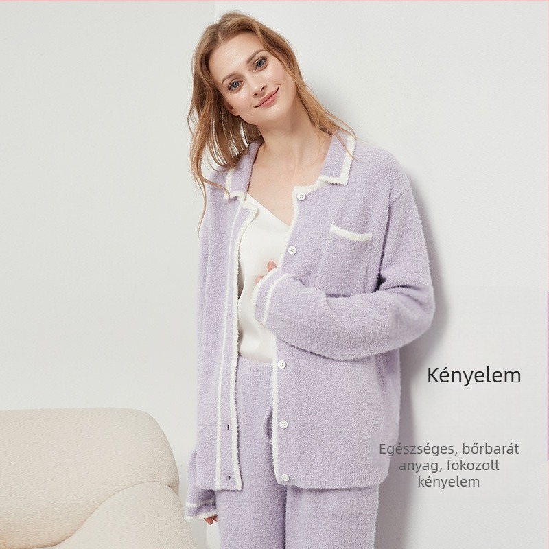 Női téli pizsama szett – japán stílus, rever gallérral, hosszú ujjú, feather yarn anyag, poliészter keverék 30–50%