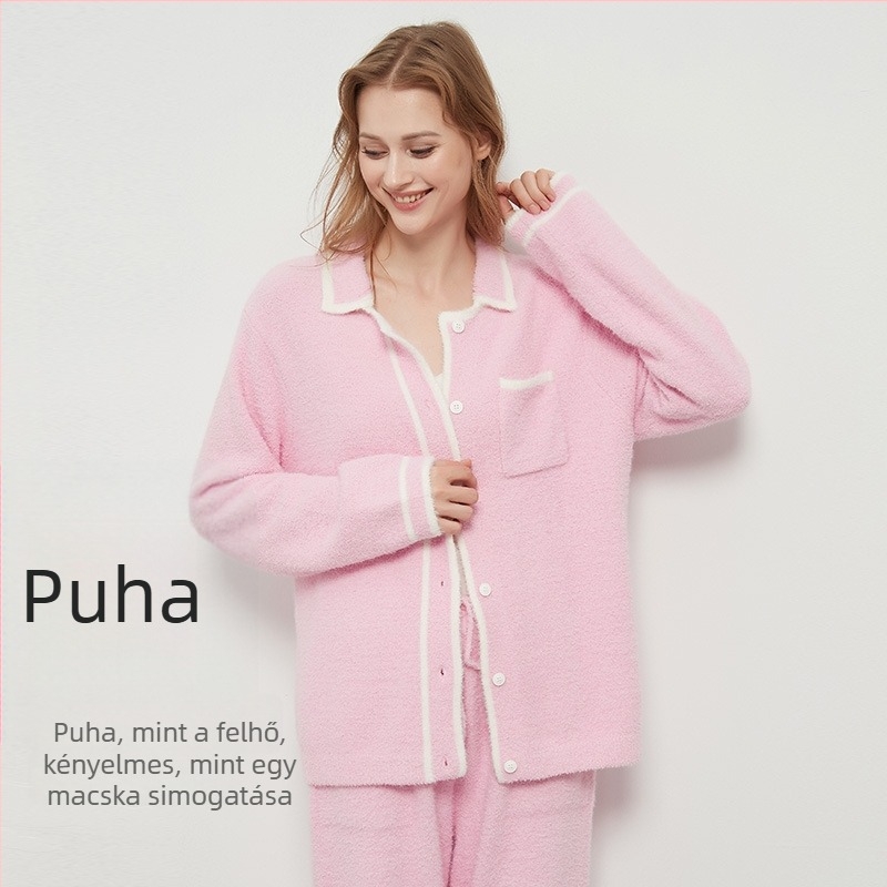 Női téli pizsama szett – japán stílus, rever gallérral, hosszú ujjú, feather yarn anyag, poliészter keverék 30–50%
