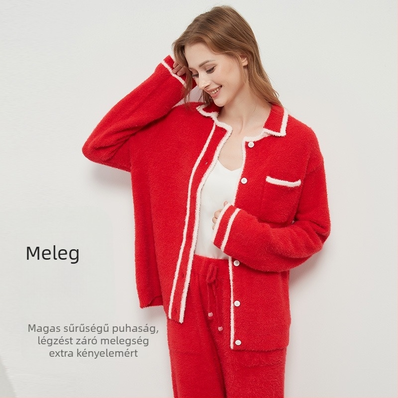 Női téli pizsama szett – japán stílus, rever gallérral, hosszú ujjú, feather yarn anyag, poliészter keverék 30–50%